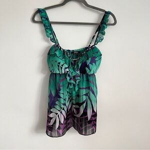 XOXO Y2K Babydoll Floral Green and Purple Sleeveless Sheer Top-Size Small